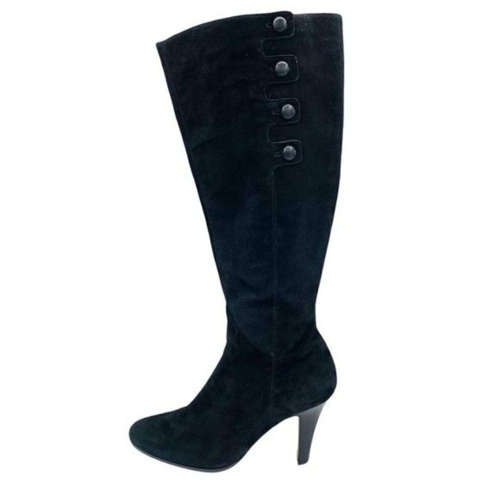 Cole Haan Nike Air Aliya Black Suede Knee-high Heeled Boots w/3 Button Detail
